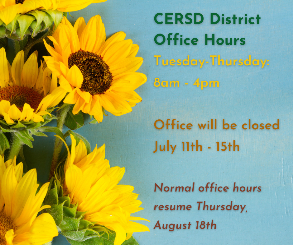 Infographic with sunflowers and the DO summer hours: Tues-Thurs 8am-4pm.  Closed July 11-th -15th