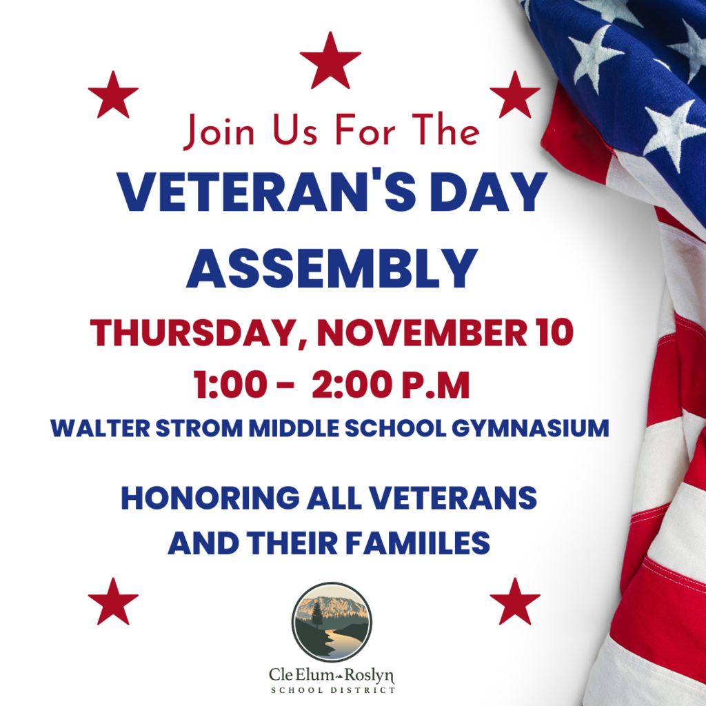 Info graphic with flag and details for Veteran's Day Assembly on Nov. 10 at 1:00 p.m. at Walter Strom Middle School