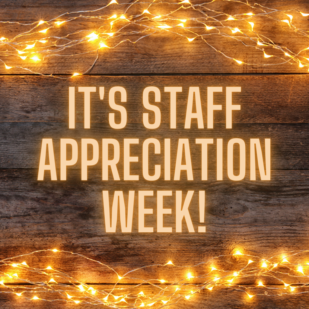 fairy lights on wooden backdrop with the words, it's staff appreciation week.